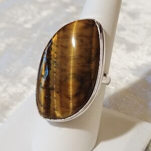 NWOT Natural Tiger's Eye Unisex Ring .925 Sterling Overlay Size 8.5